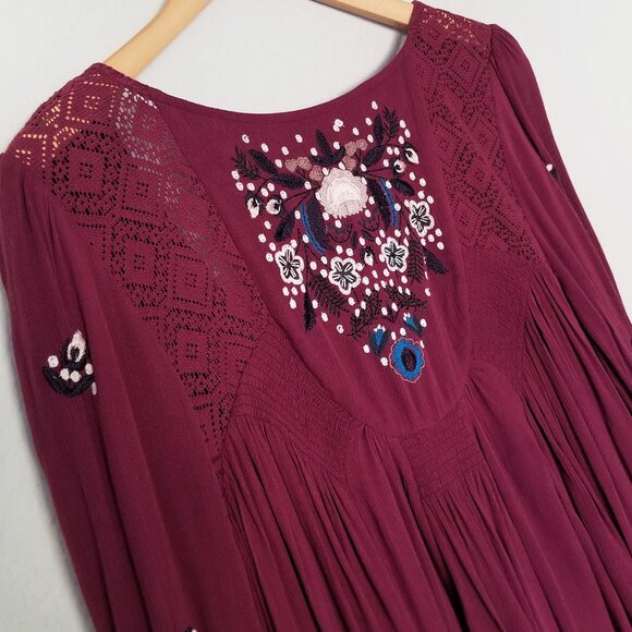 Free People Mohave Embroidered Daytime Mini Dress Babydoll Plum Burgundy M $148 - Picture 6 of 16
